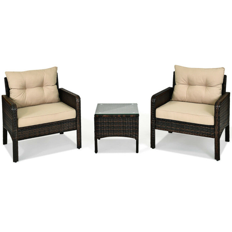 3-Piece Outdoor Patio Rattan Conversation Set with Seat Cushions