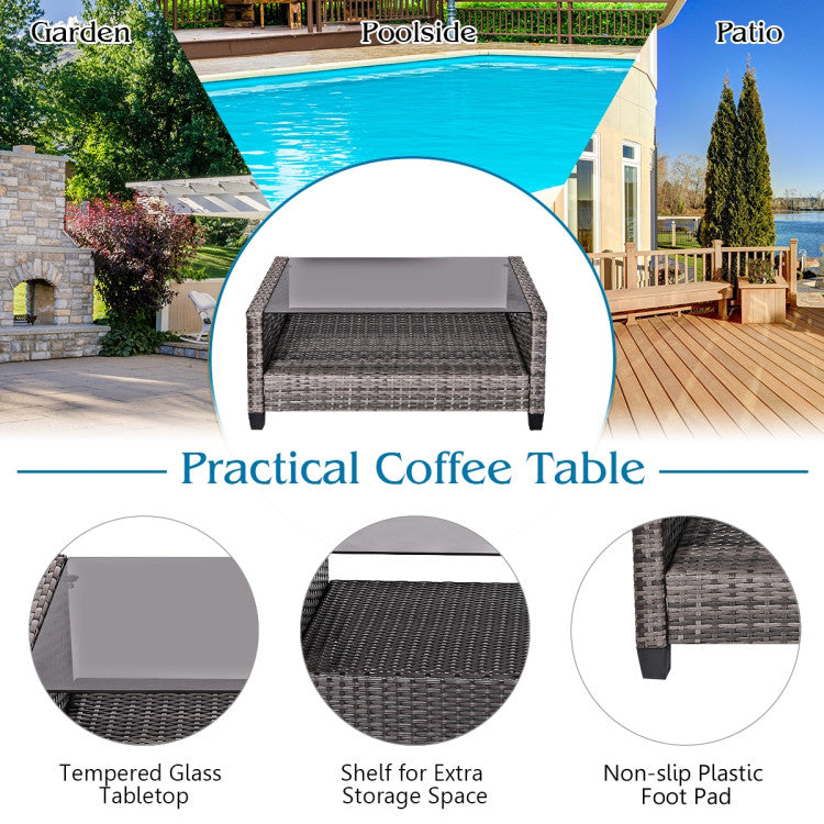 4-Piece Patio Rattan Furniture Set Coffee Table Cushioned Sofa