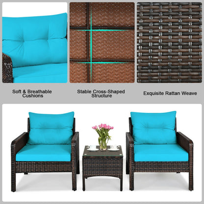 3-Piece Outdoor Patio Rattan Conversation Set with Seat Cushions