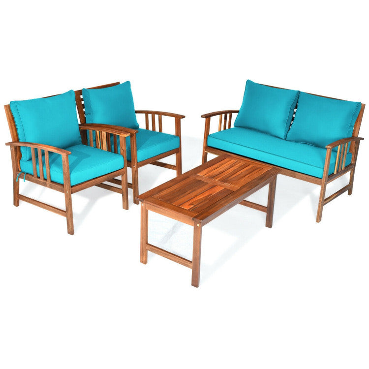 4-Piece Wooden Patio Sofa Chair Set with Cushion