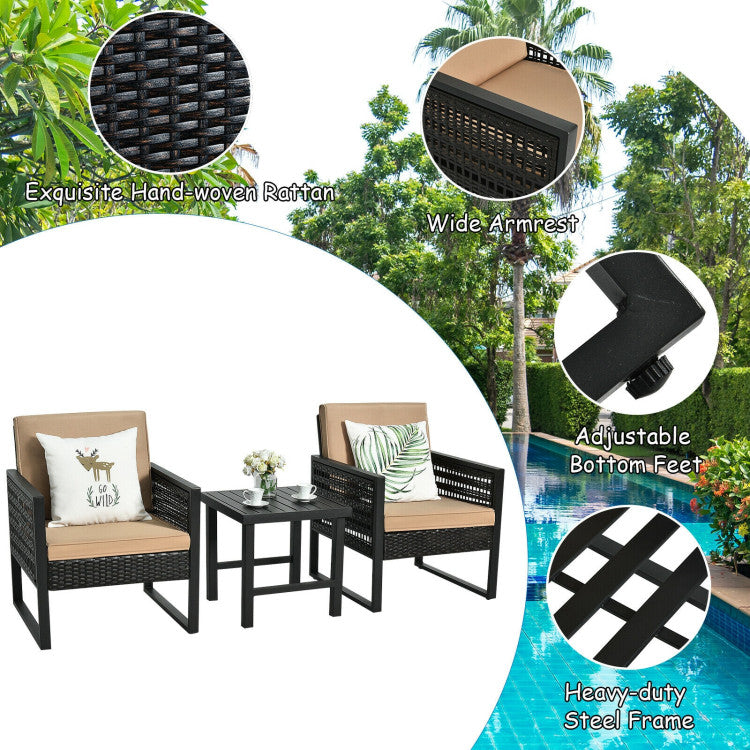 3-Piece Patio Rattan Bistro Cushioned Furniture Set