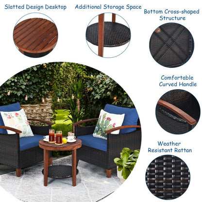 3-Piece Patio Rattan Furniture Set with Washable Cushion and Acacia Wood Tabletop