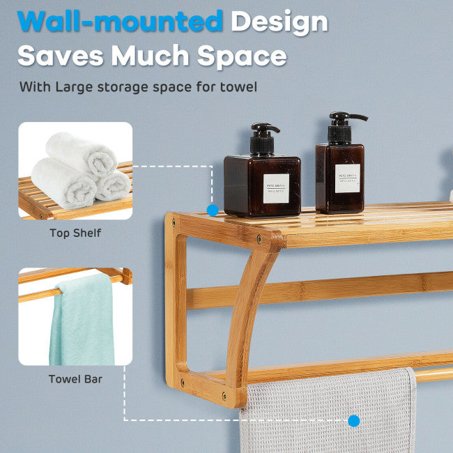 Bamboo Towel Bar Wall Mounted Storage Towel Rack Bathroom Shelf