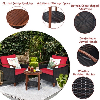 3-Piece Patio Rattan Furniture Set with Washable Cushion and Acacia Wood Tabletop