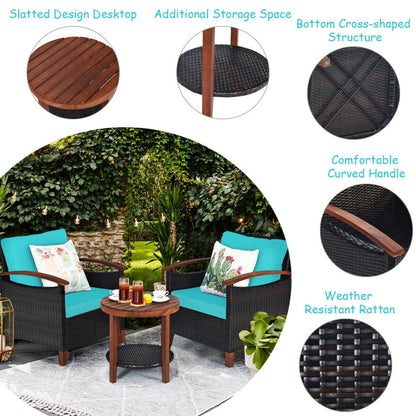 3-Piece Patio Rattan Furniture Set with Washable Cushion and Acacia Wood Tabletop