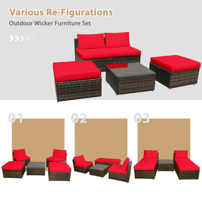 5 Pieces Patio Rattan Furniture Set with Cushioned Armless Sofa