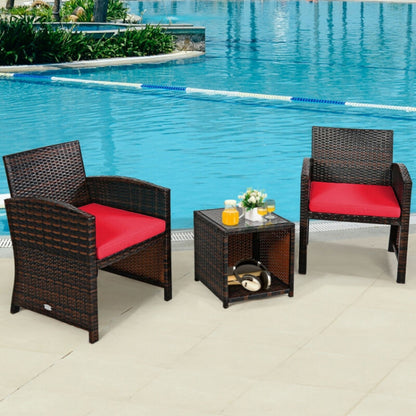 3-Piece PE Rattan Wicker Furniture Set with Cushion Sofa and Coffee Table