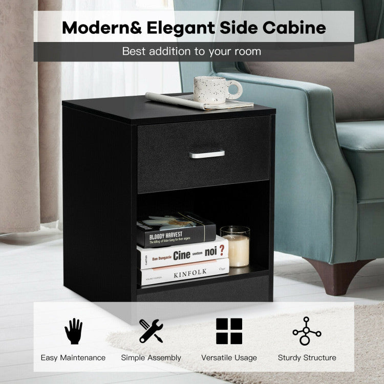 2-Tier Modern Wooden Nightstand with Storage Drawer and Open Cabinet