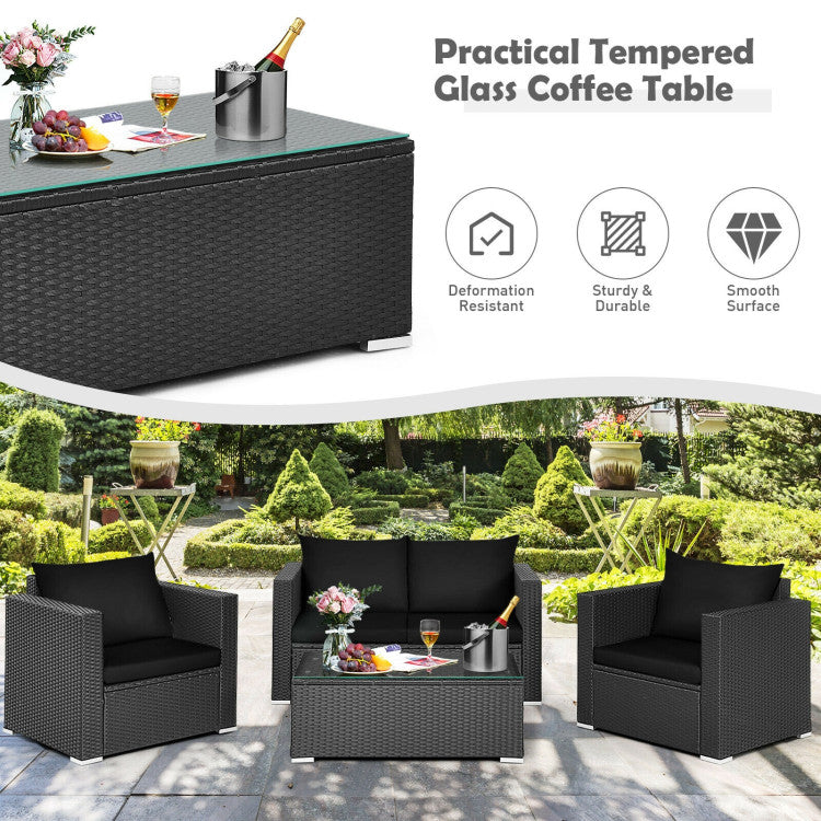 4-Piece Patio Rattan Conversation Set with Padded Cushion and Tempered Glass Coffee Table