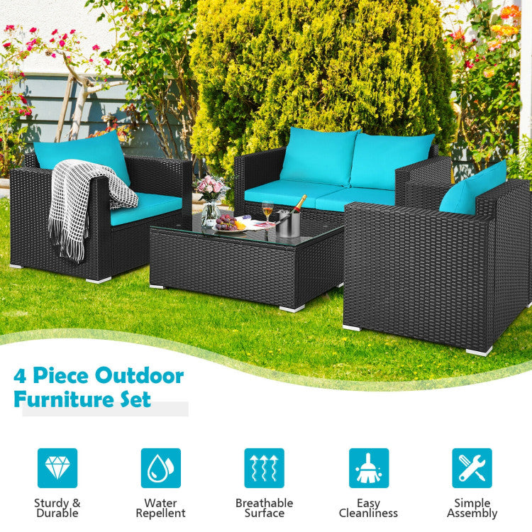 4-Piece Patio Rattan Conversation Set with Padded Cushion and Tempered Glass Coffee Table