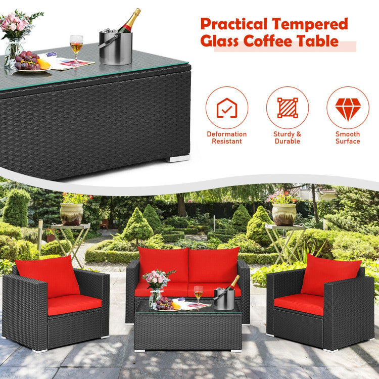 4-Piece Patio Rattan Conversation Set with Padded Cushion and Tempered Glass Coffee Table