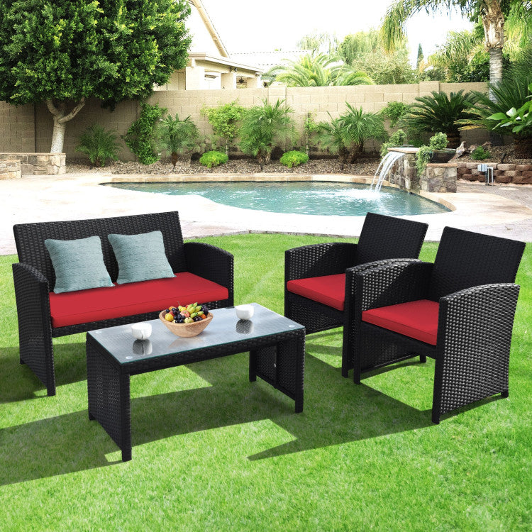 4-Piece Wicker Conversation Furniture Set Patio Sofa and Table Set