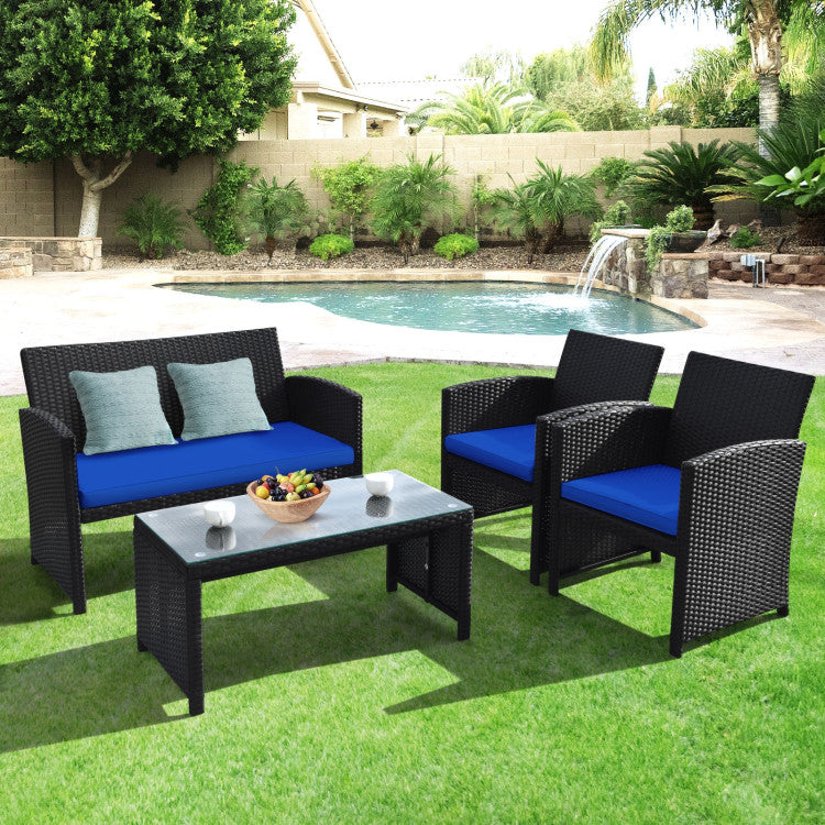 4-Piece Wicker Conversation Furniture Set Patio Sofa and Table Set