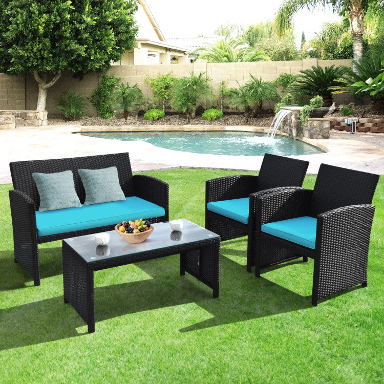 4-Piece Wicker Conversation Furniture Set Patio Sofa and Table Set