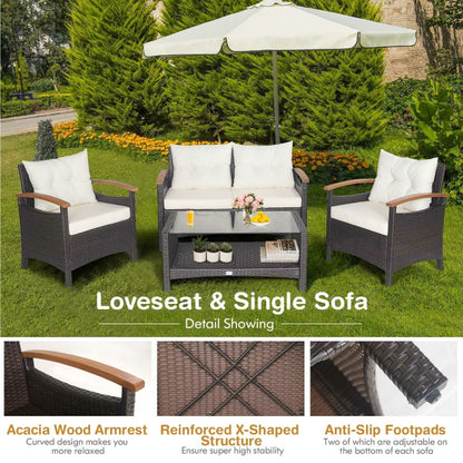 4-Piece Patio Rattan Furniture Set with Cushioned Sofa and Storage Table