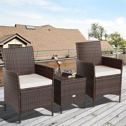 3-Piece Patio Rattan Furniture Set Cushioned Sofa and Glass Tabletop