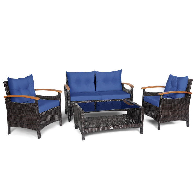 4-Piece Patio Rattan Furniture Set with Cushioned Sofa and Storage Table