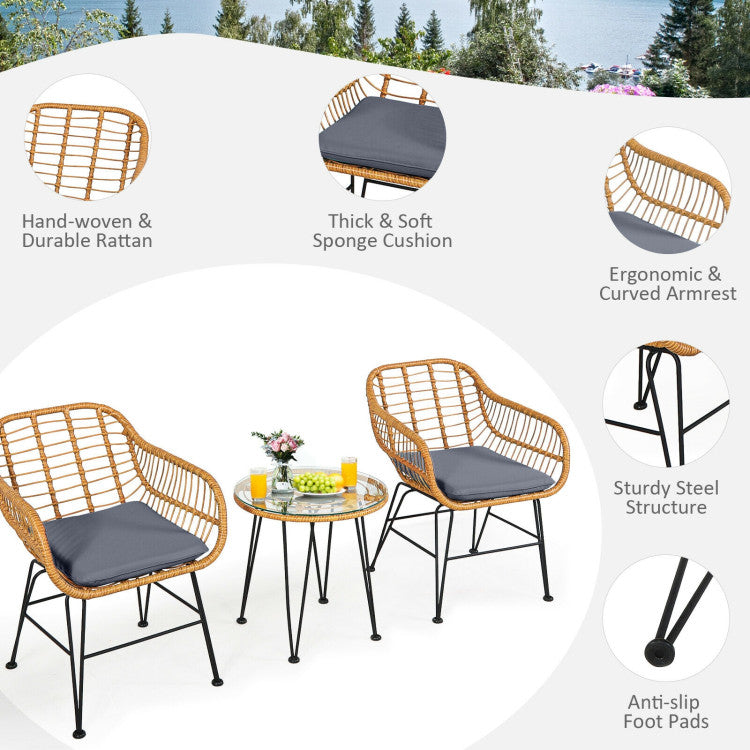 3-Piece Rattan Furniture Set with Cushioned Chair Table