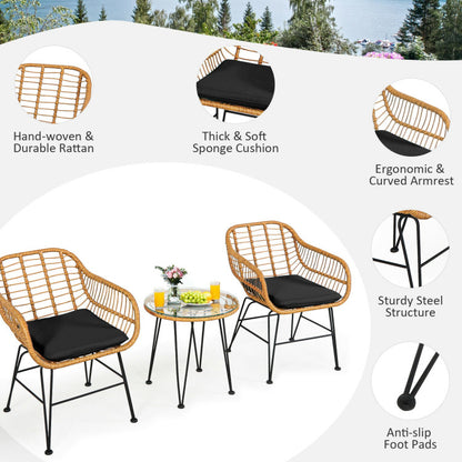 3-Piece Rattan Furniture Set with Cushioned Chair Table