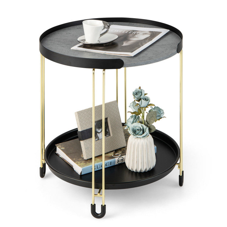 2-Tier Round Side Table with Removable Tray and Metal Frame for Small Space