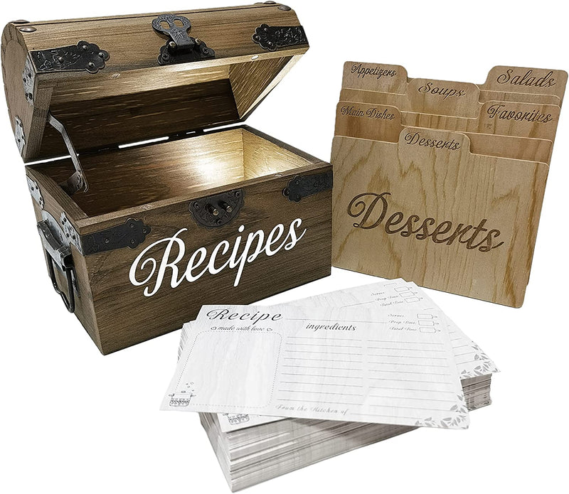 Farmhouse Wooden Recipe Box with Cards and Dividers for Family Use