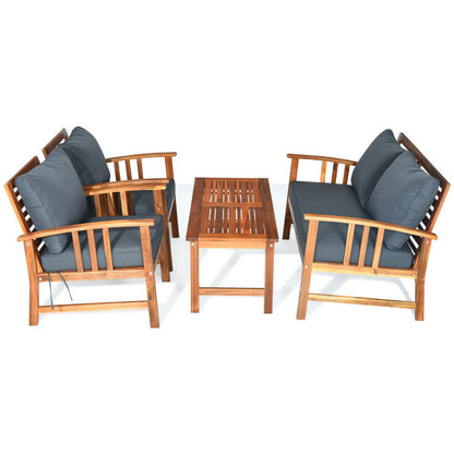 4-Piece Wooden Patio Sofa Chair Set with Cushion