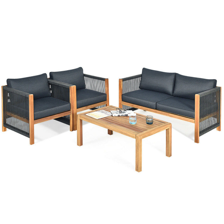 4-Piece Acacia Wood Sofa Set with Cushions for Outdoor Patio