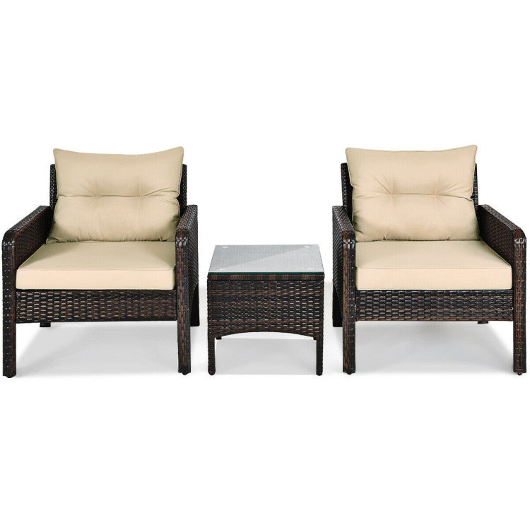 3-Piece Outdoor Patio Rattan Conversation Set with Seat Cushions