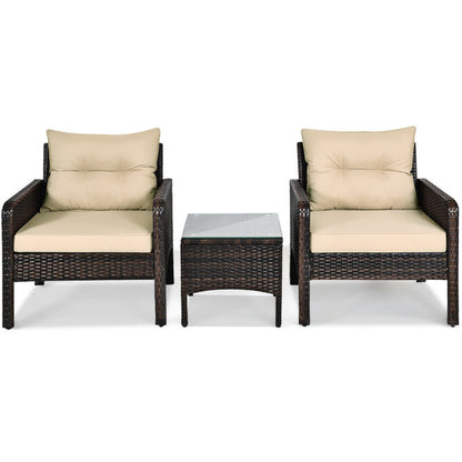 3-Piece Outdoor Patio Rattan Conversation Set with Seat Cushions