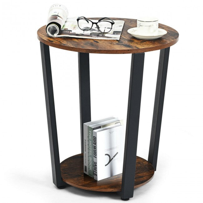 2-tier Round End Table with Storage Shelf & Metal Frame