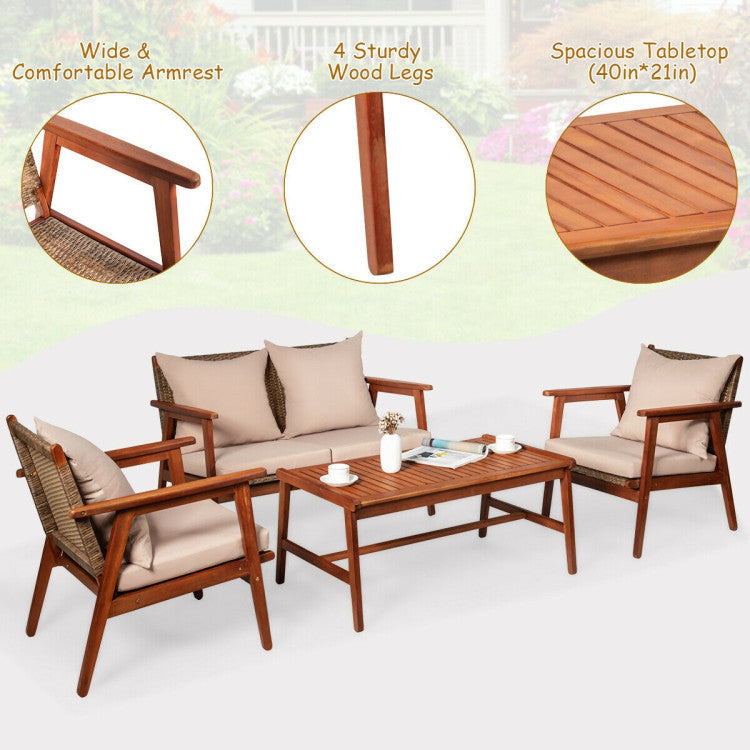 4-Piece Acacia Wood Patio Rattan Furniture Set with Cushions