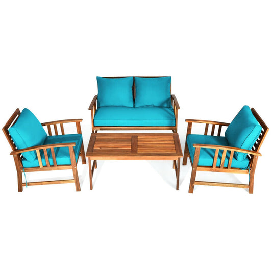 4-Piece Wooden Patio Sofa Chair Set with Cushion