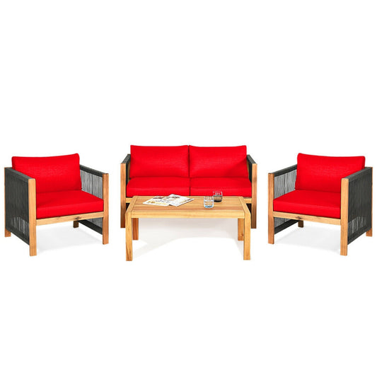 4-Piece Acacia Wood Sofa Set with Cushions for Outdoor Patio