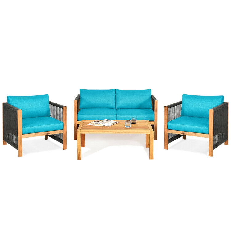 4-Piece Acacia Wood Sofa Set with Cushions for Outdoor Patio