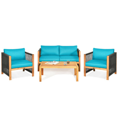 4-Piece Acacia Wood Sofa Set with Cushions for Outdoor Patio