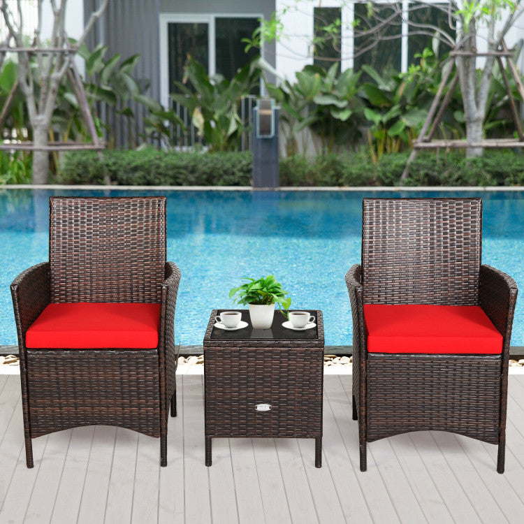 3-Piece Patio Rattan Furniture Set Cushioned Sofa and Glass Tabletop