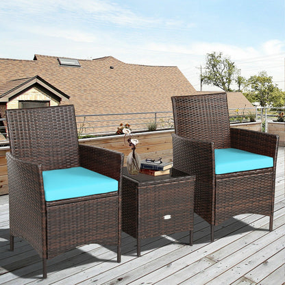 3-Piece Patio Rattan Furniture Set Cushioned Sofa and Glass Tabletop