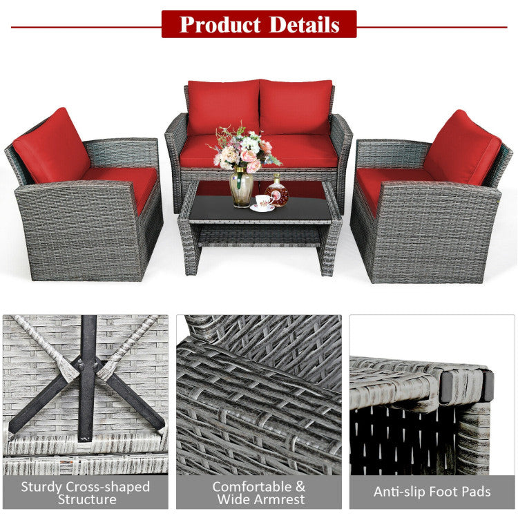 4-Piece Patio Rattan Furniture Set Sofa Table with Storage Shelf Cushion