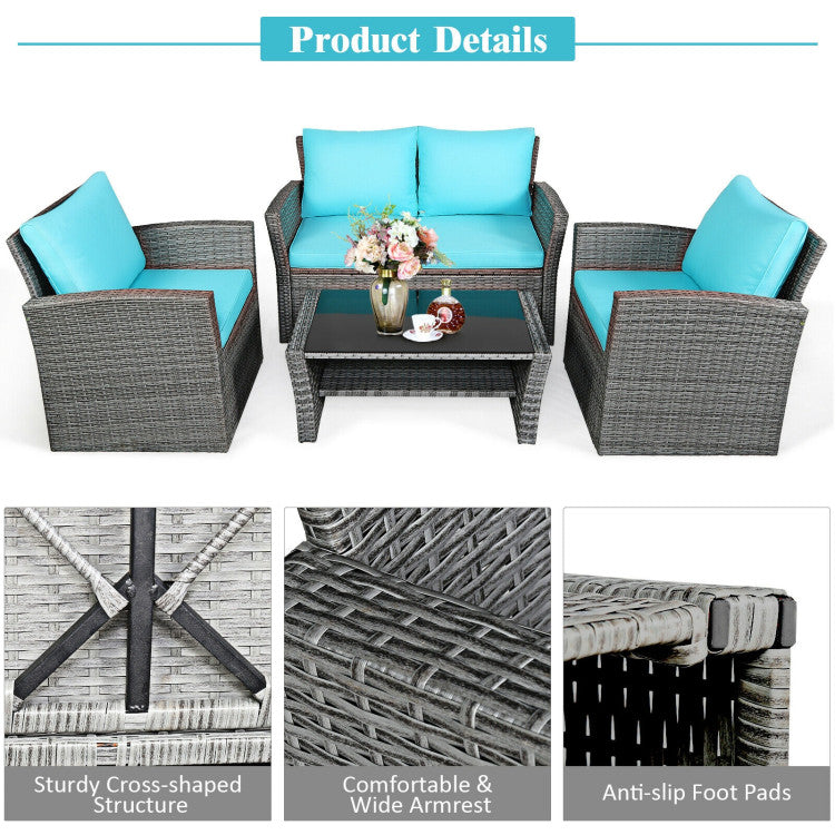 4-Piece Patio Rattan Furniture Set Sofa Table with Storage Shelf Cushion