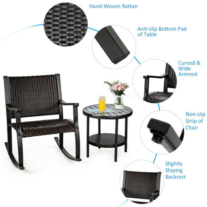 3-Piece Patio Rattan Furniture Set with Coffee Table and Rocking Chairs