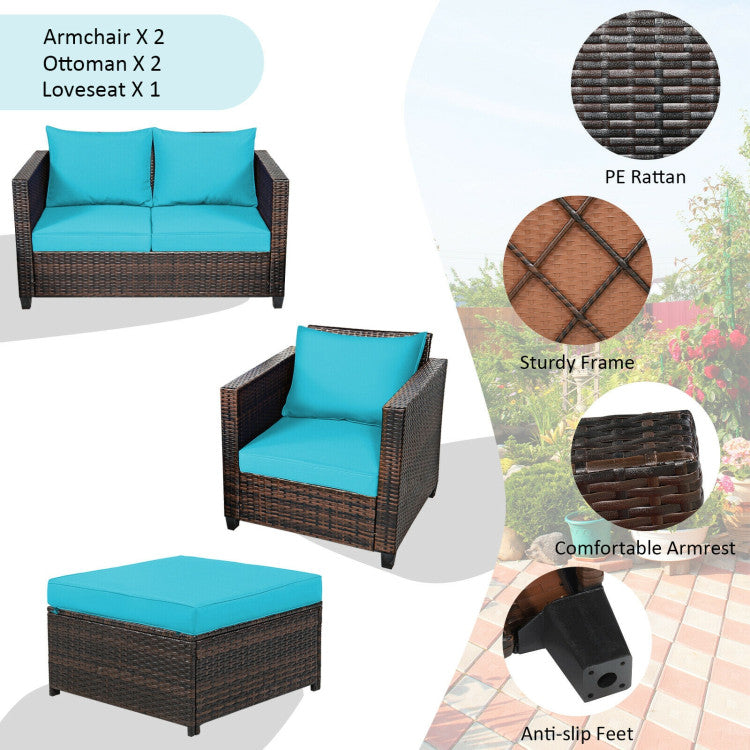 5 Pieces Patio Cushioned Rattan Furniture Set