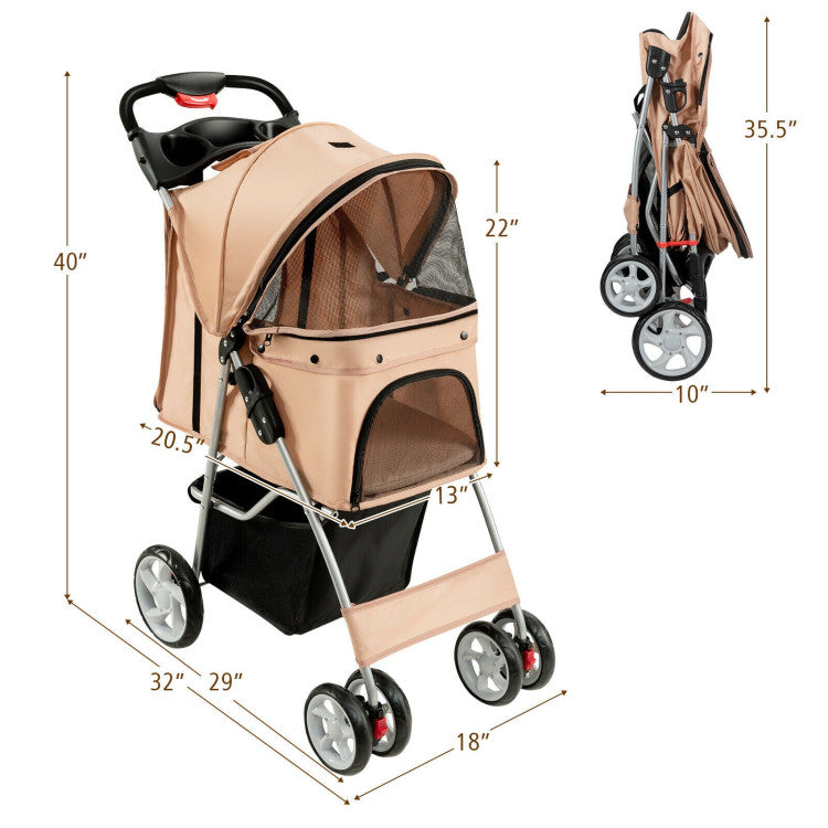 Foldable 4-Wheel Pet Stroller with Storage Basket