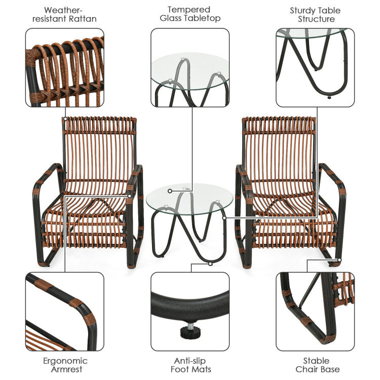 3 Pieces Patio Rattan Furniture Set with 2 Single Wicker Chairs and Glass Side Table