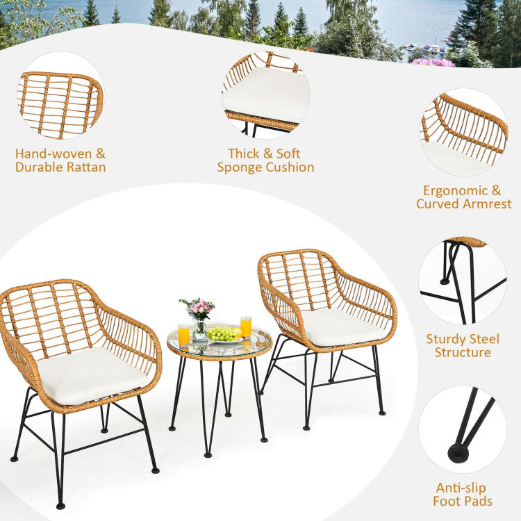 3-Piece Rattan Furniture Set with Cushioned Chair Table