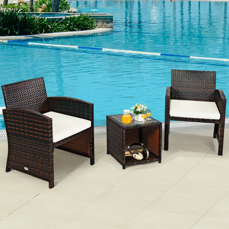 3-Piece PE Rattan Wicker Furniture Set with Cushion Sofa and Coffee Table