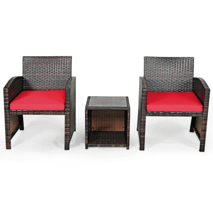 3-Piece PE Rattan Wicker Furniture Set with Cushion Sofa and Coffee Table