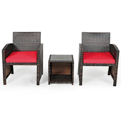 3-Piece PE Rattan Wicker Furniture Set with Cushion Sofa and Coffee Table