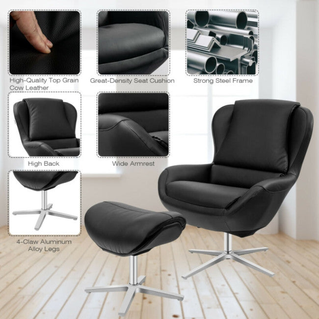 Swivel Top Grain Leather Lounge Armchair Rocking Chair with Ottoman