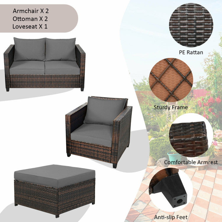 5 Pieces Patio Cushioned Rattan Furniture Set