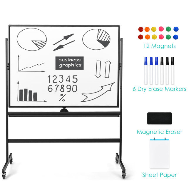 48 x 36 Inch Mobile Magnetic Double-Sided Reversible Whiteboard Height Adjust